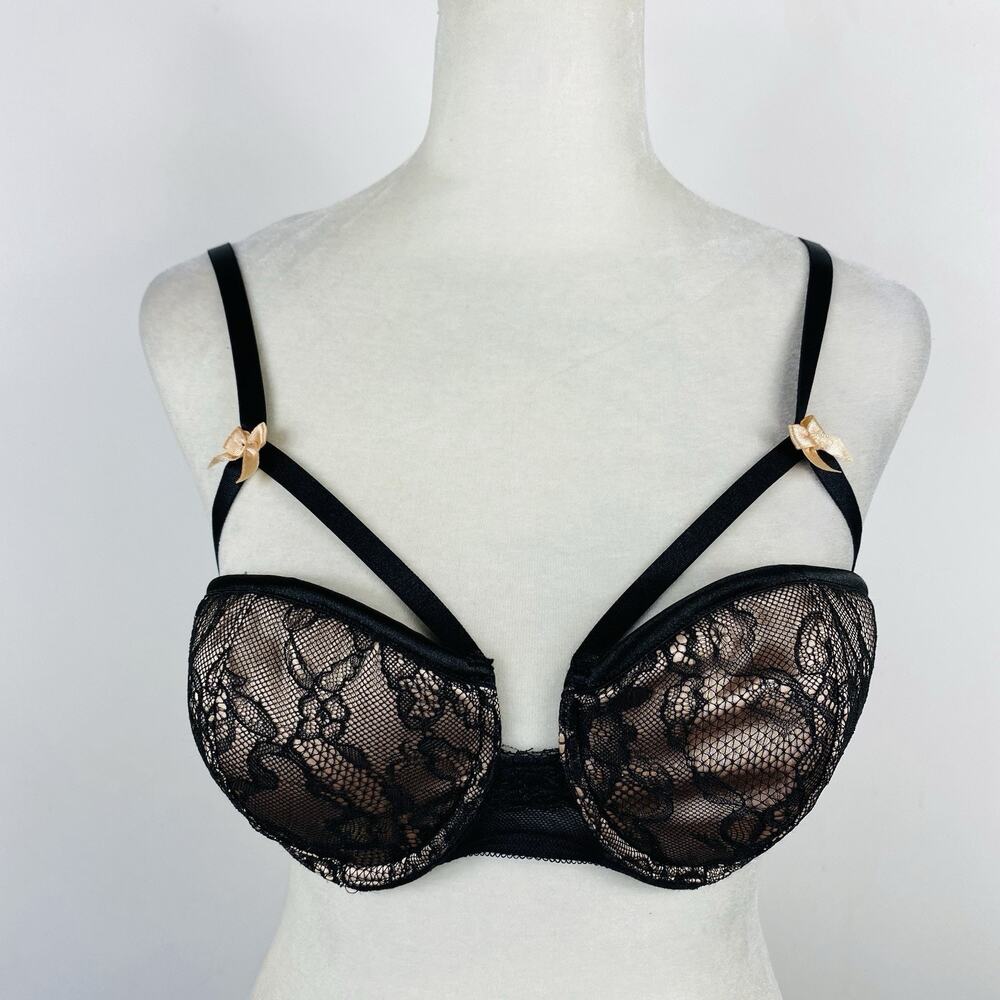 Frederick's Of Hollywood Bra Medium Floral Lace Cage Underwire Black Nude